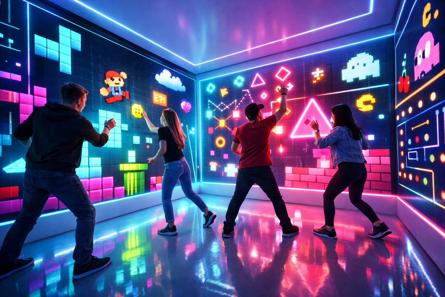 A group playing interactive video games in a neon digital room at Immersive Gamebox London.