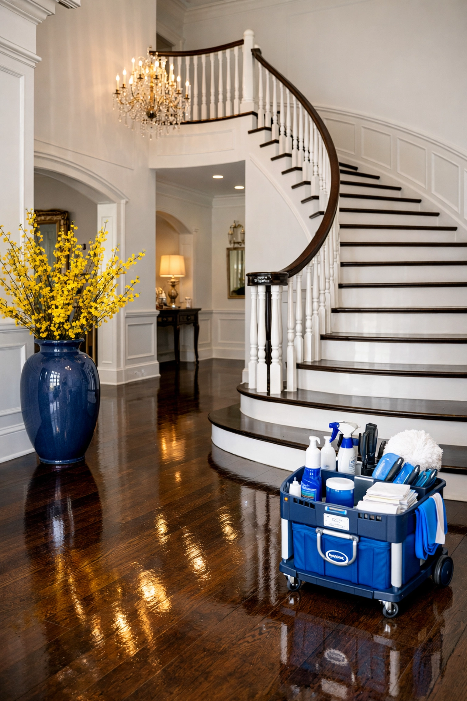 Pristine luxury home foyer with high-gloss floors following a professional deep cleaning in Lincoln.