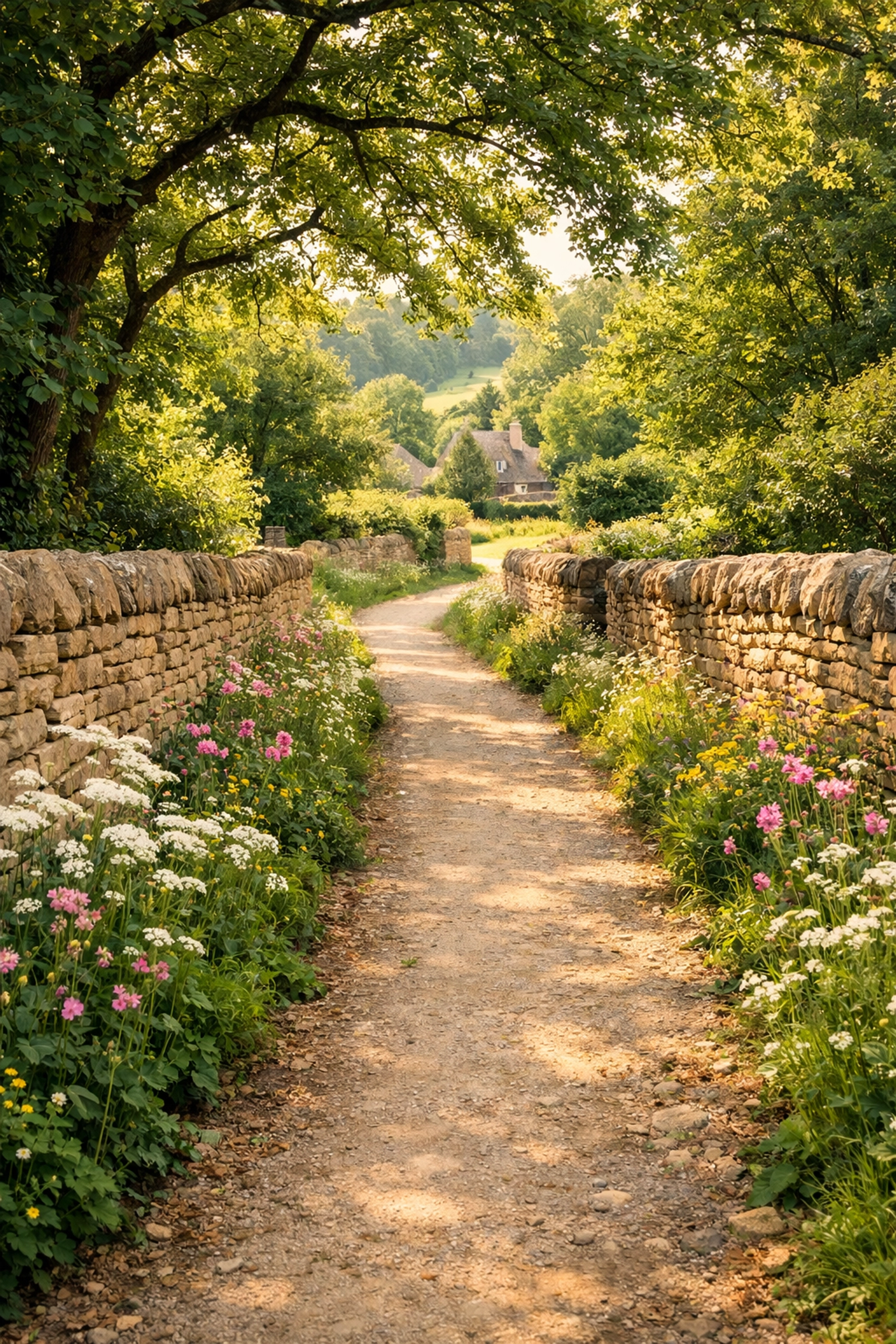 A scenic walking trail in the Cotswolds with stone walls, perfect for easy guided hiking tours in the UK.