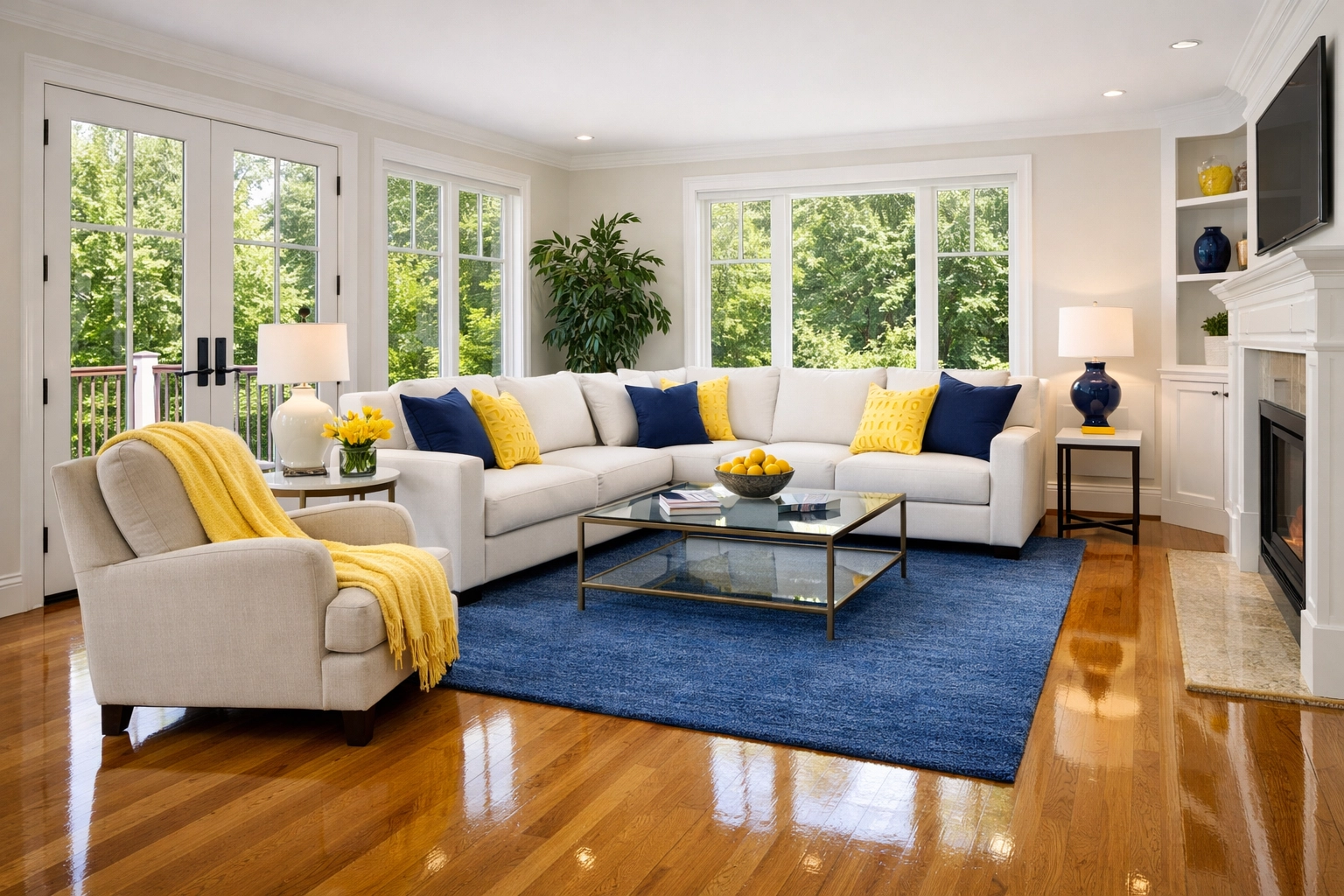Clean living room with polished floors from a weekly house cleaning Mendon MA service by professional cleaners.