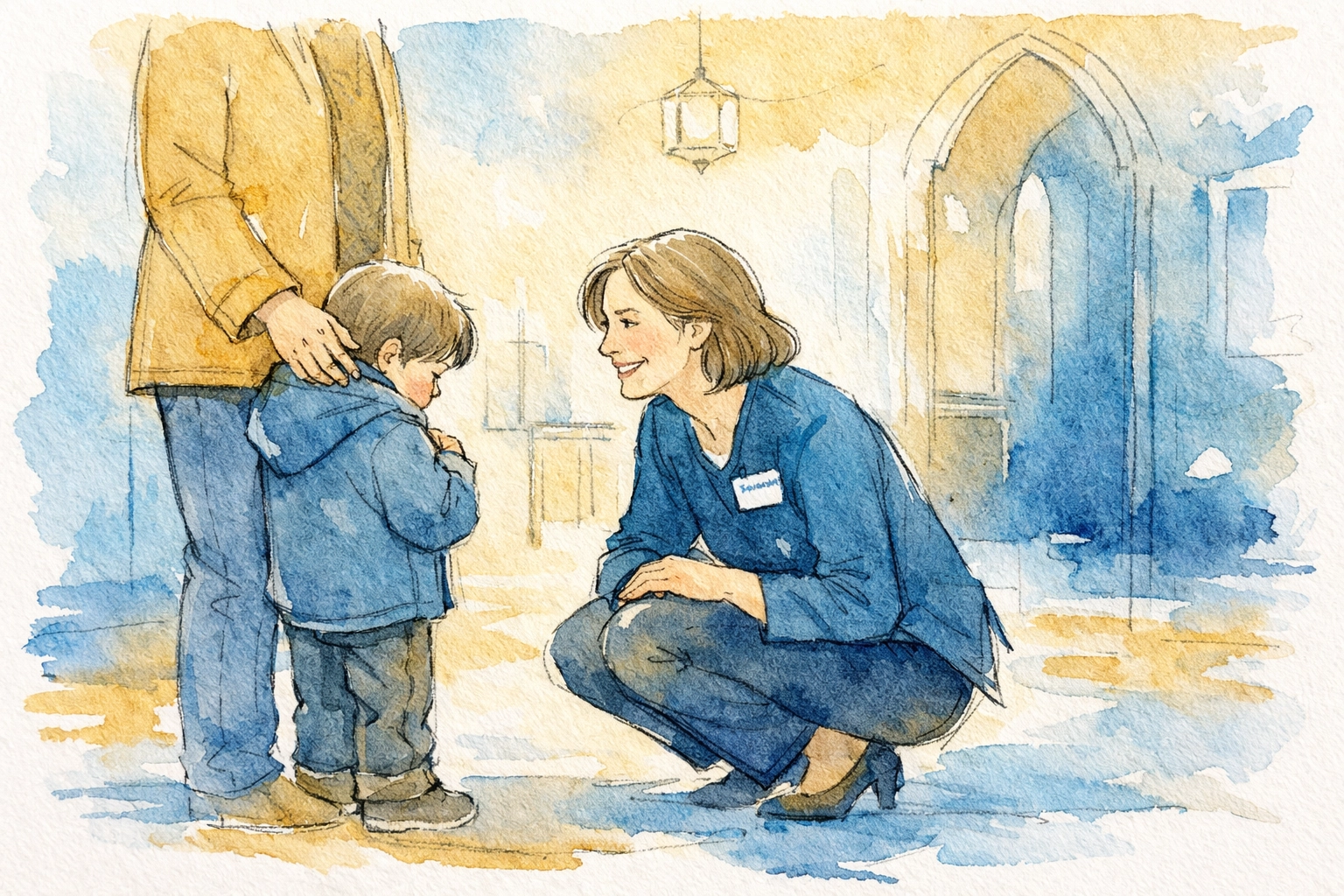 Church greeter kneeling to welcome shy child creating safe hospitality environment