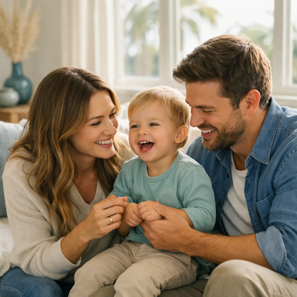 A happy family in a bright home representing peace of mind with term, whole, or IUL life insurance.