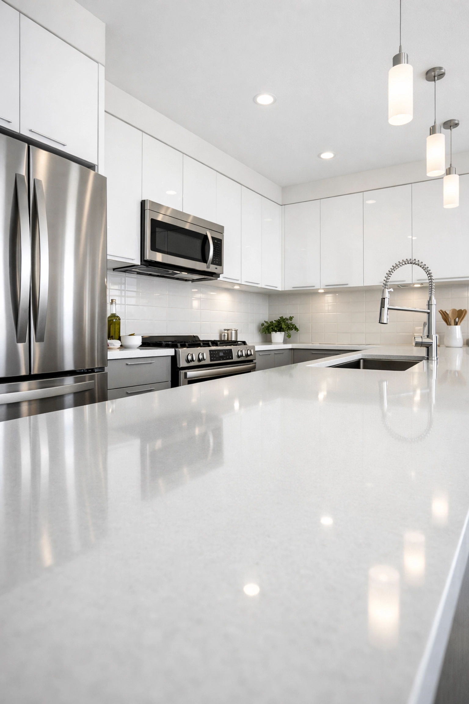 Spotless multifamily kitchen with deep cleaned stainless steel appliances and quartz counters.