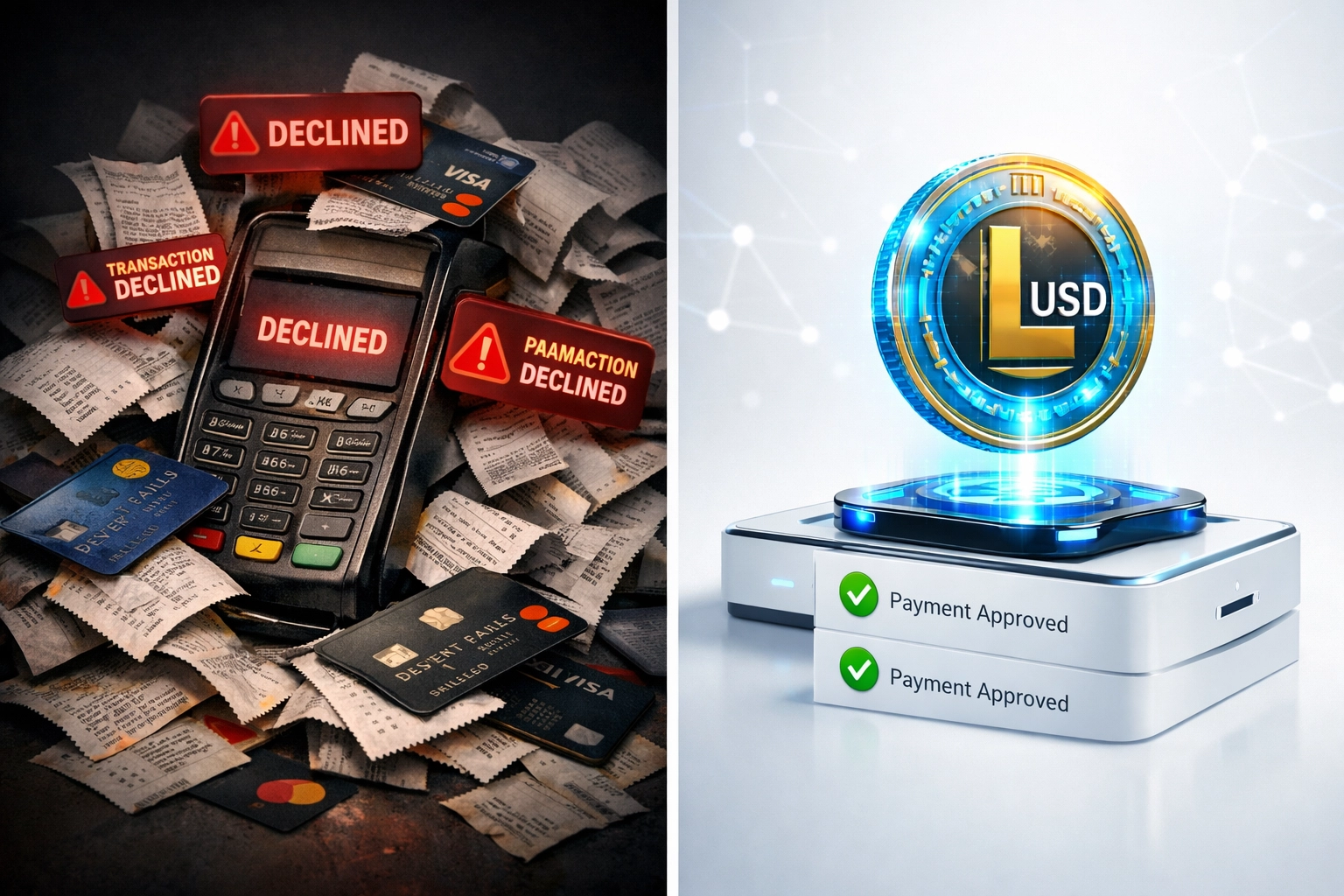 LUSD stablecoin vs traditional payment terminal comparison showing lower merchant processing fees