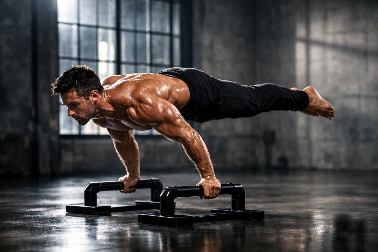 Professional athlete using parallettes for advanced bodyweight training at home in a minimalist loft.