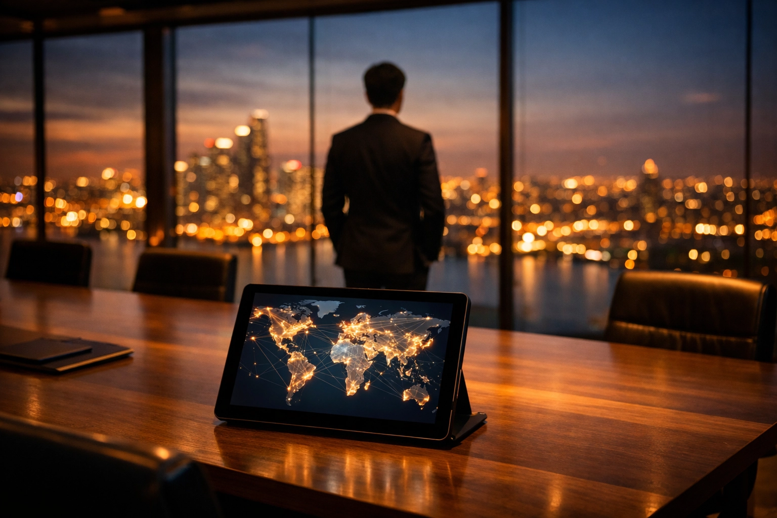 Legal professional reviewing global data nodes for cross-border legal investigations and international discovery.