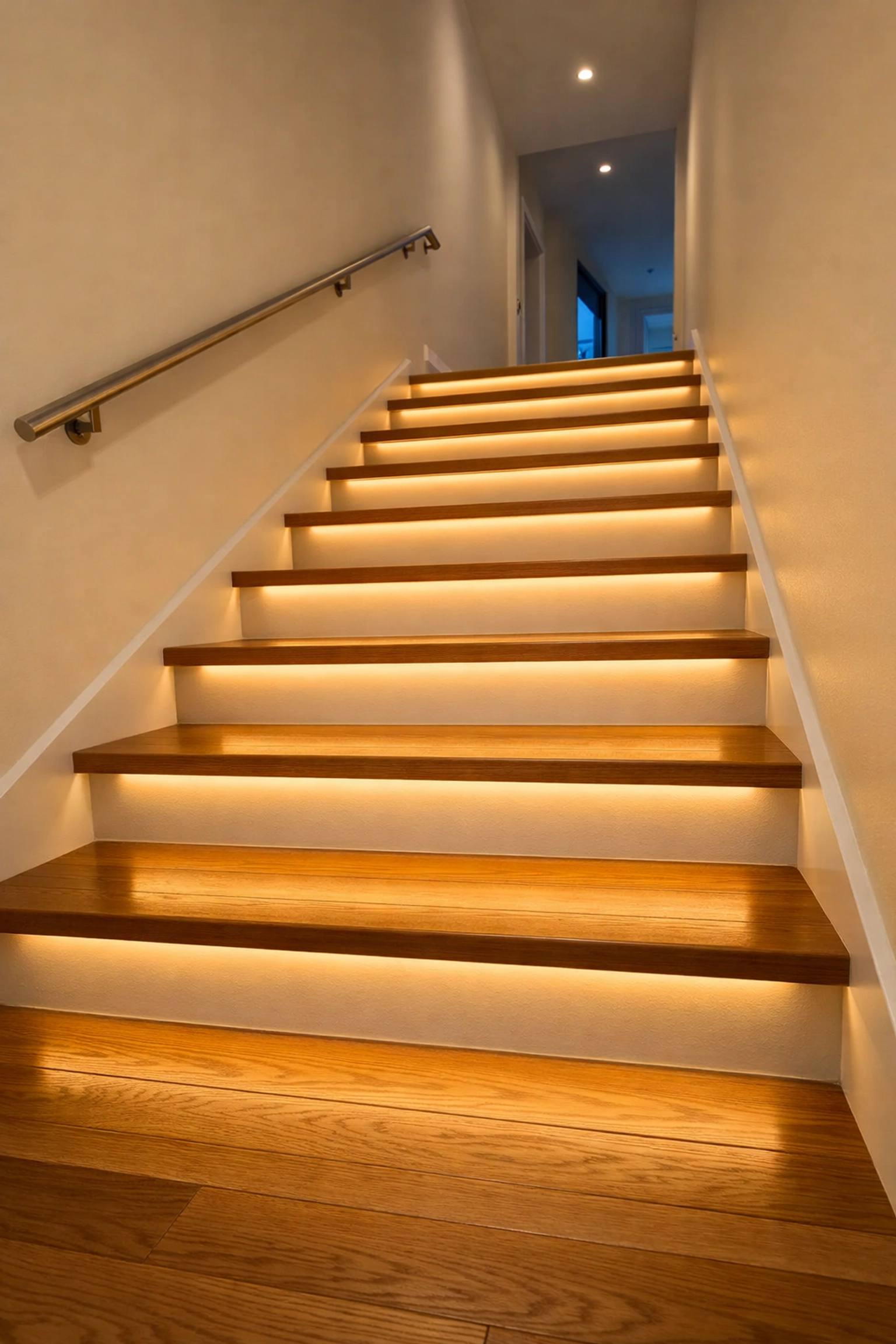 Modern staircase with motion-activated LED strip lights under each step for better fall prevention visibility.