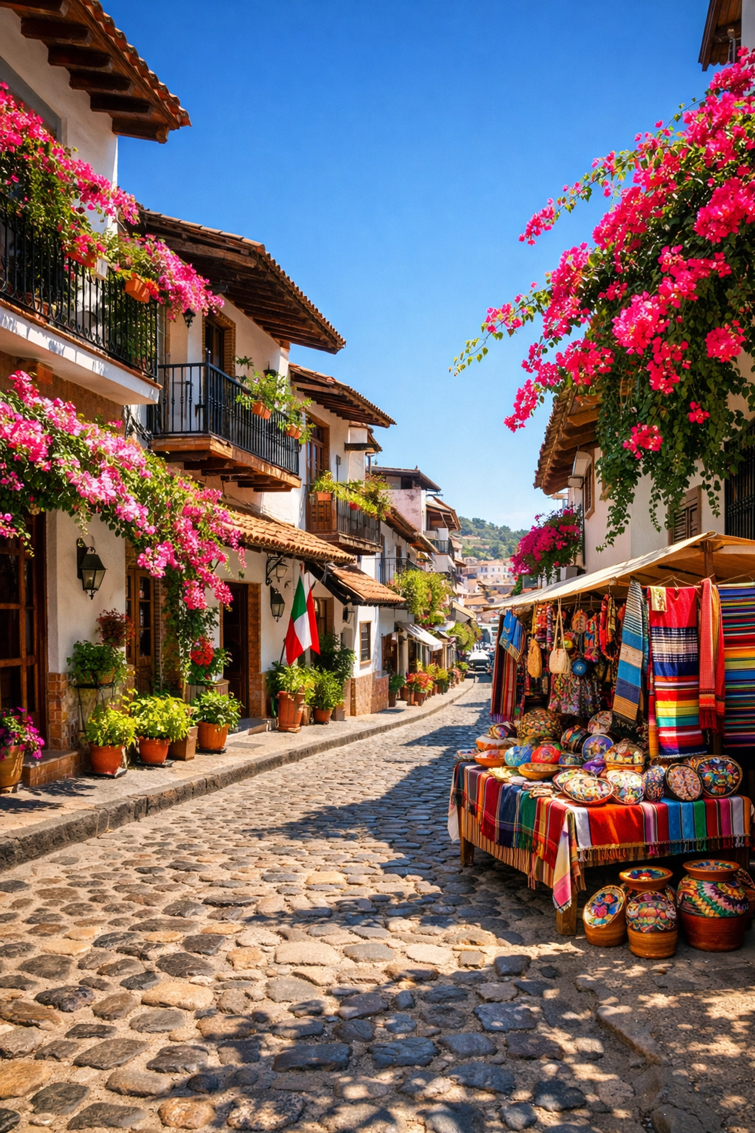 Vibrant Old Town Puerto Vallarta street with bougainvillea, perfect for digital nomads in local rentals.