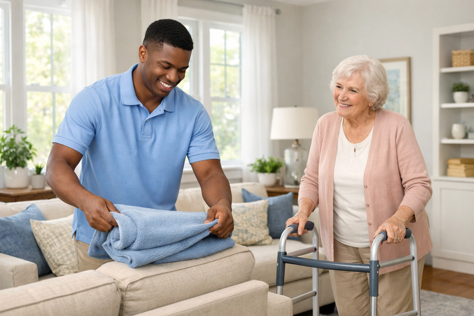 Home care assistant providing light housekeeping services in safe, organized living space