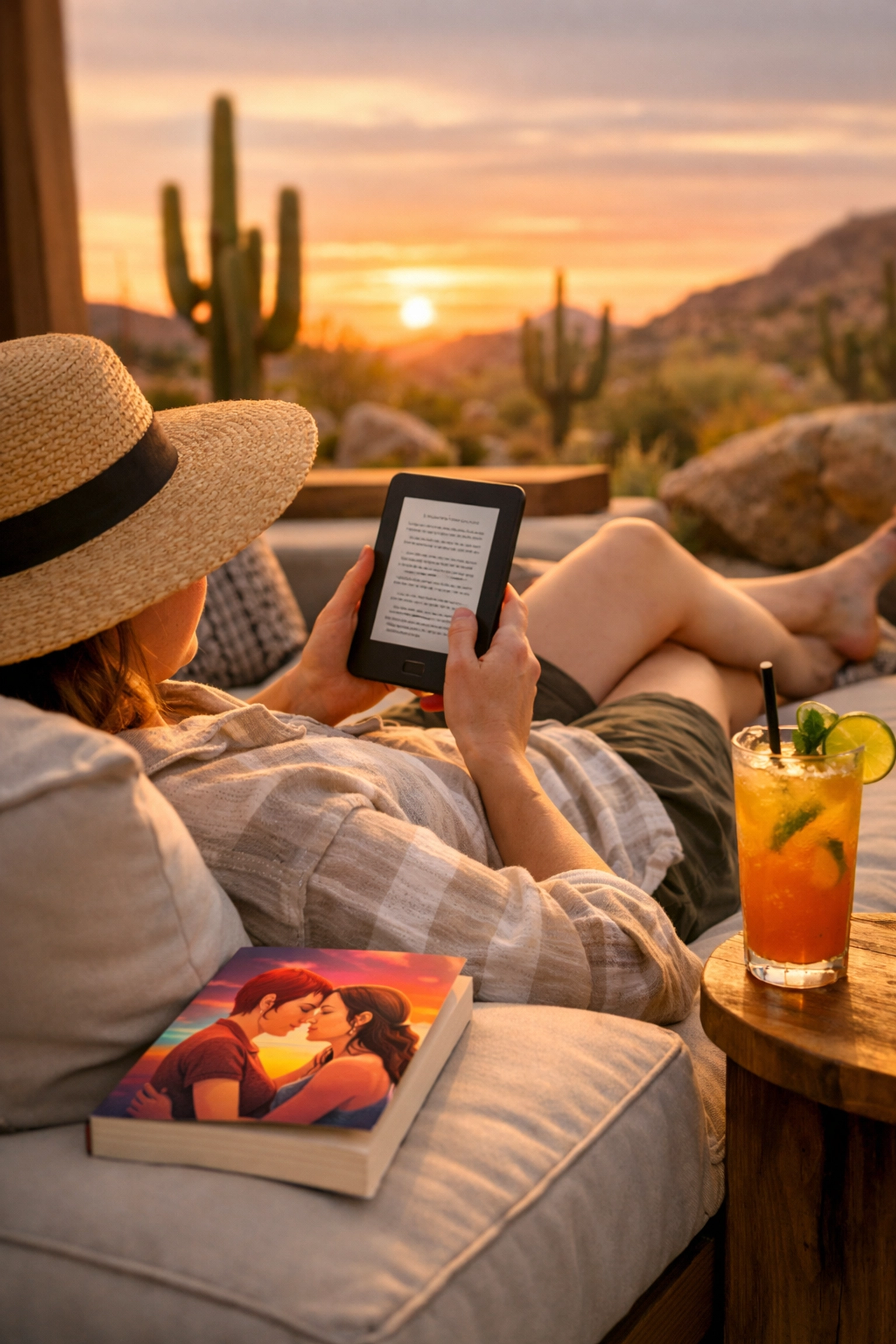 Relaxing in Palm Springs with a queer romance book, merging LGBTQ+ literature and desert vacation vibes.