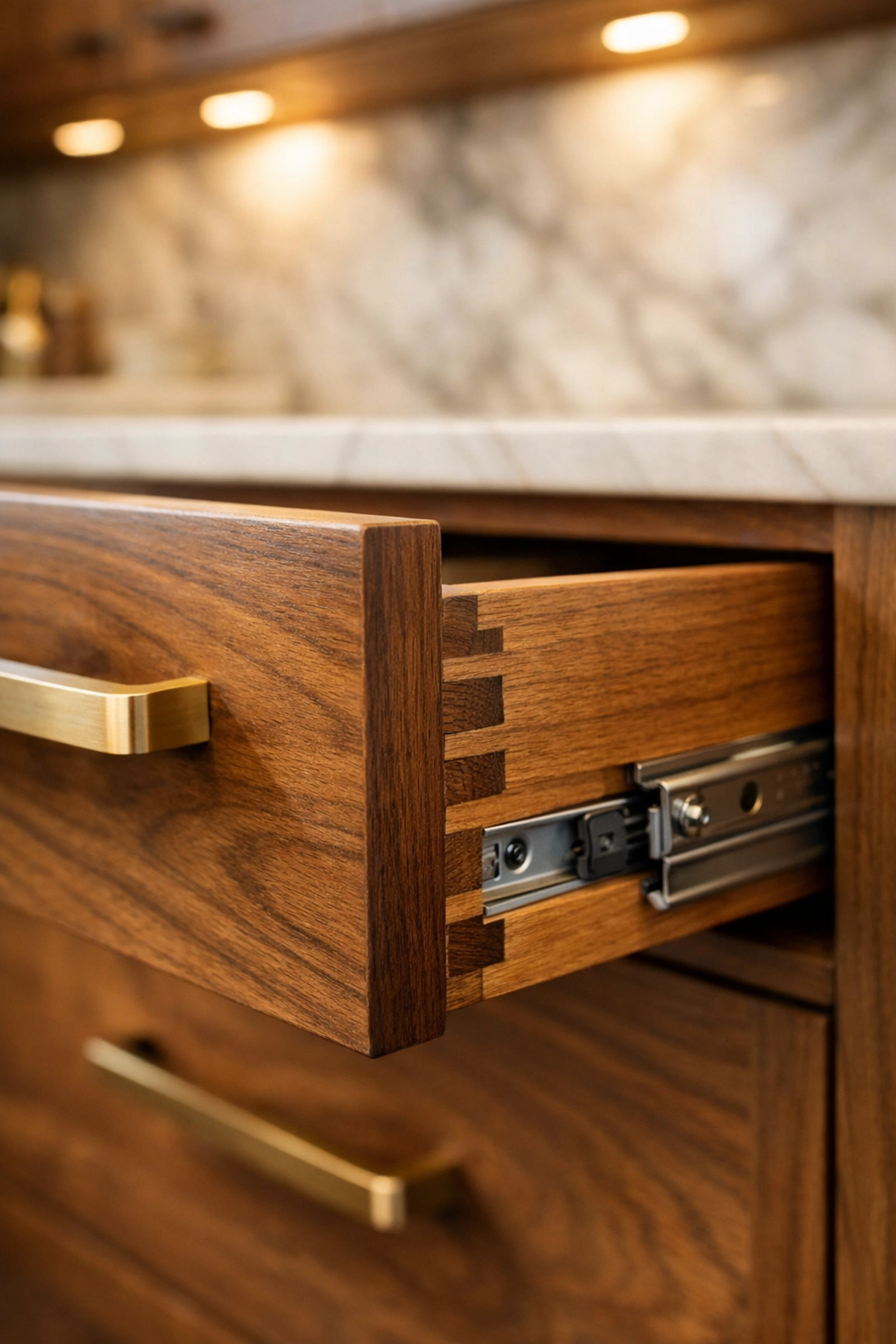 Detail of high-quality custom cabinetry showing dovetail joints and modern brass hardware in Bay Village.
