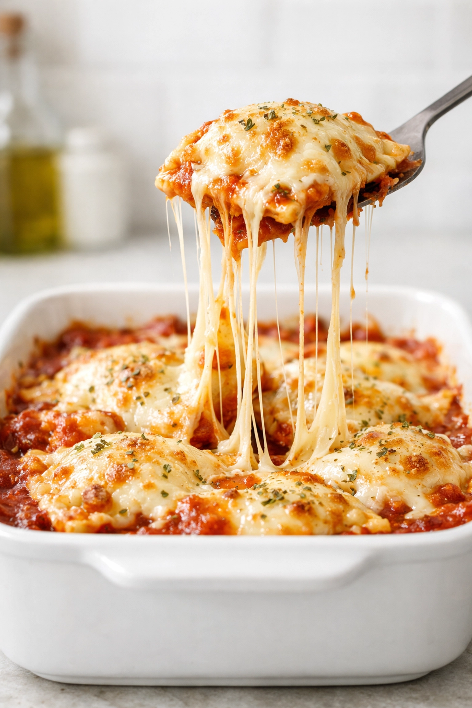 Cheesy ravioli casserole, a simple 5-ingredient dinner idea for an easy weeknight dinner.