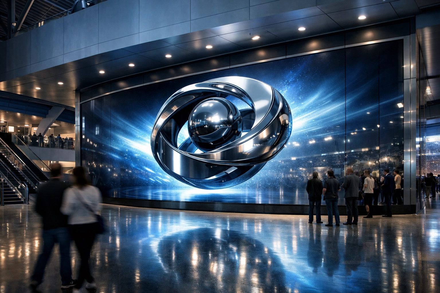 Modern stadium concourse featuring immersive 3D digital signage for high-engagement venue marketing.