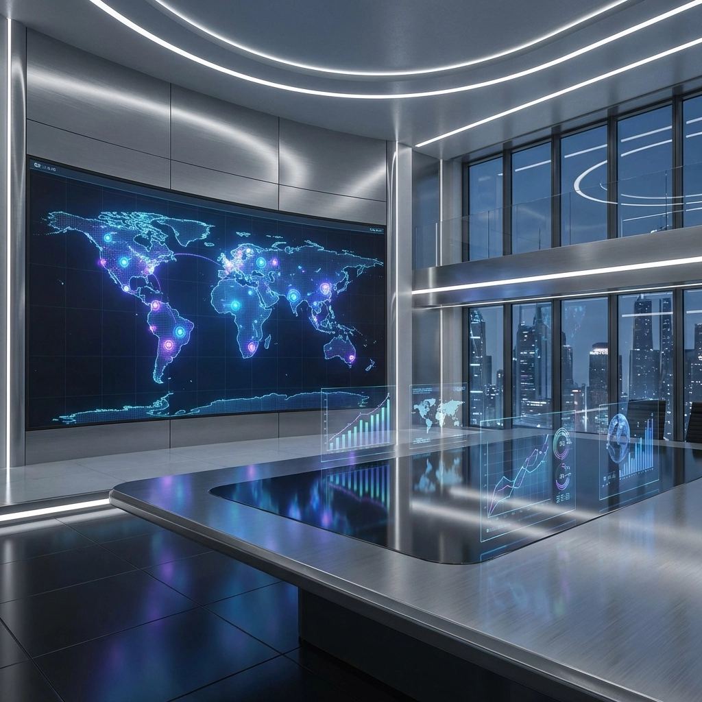 Futuristic command center with world map and data, emphasizing global strategy in private equity portfolio management