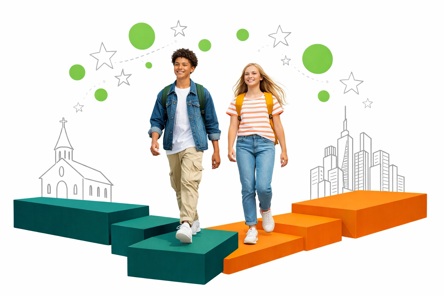 Teen boy and girl walking a bridge from church to city, learning Christian life skills for teens.