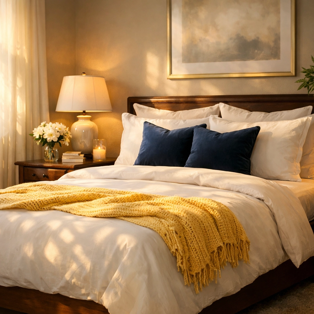 A spotless master bedroom with fresh linens after a professional deep cleaning Franklin home maintenance visit.