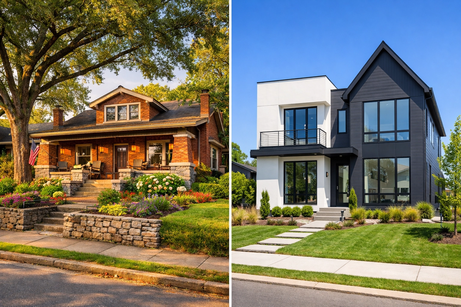 Comparison of historic brick home and modern new construction house in Nashville TN