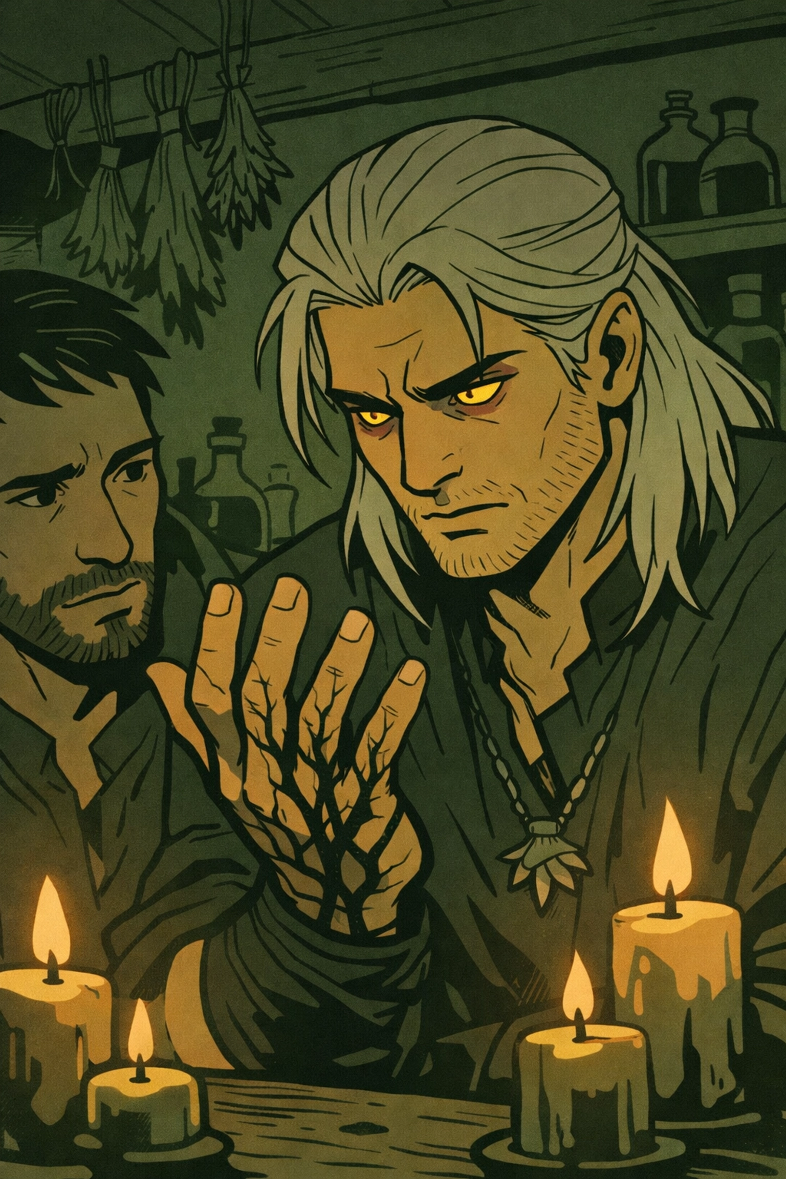 Witcher examining cursed hand with dark veins spreading in candlelight - MM fantasy romance transformation