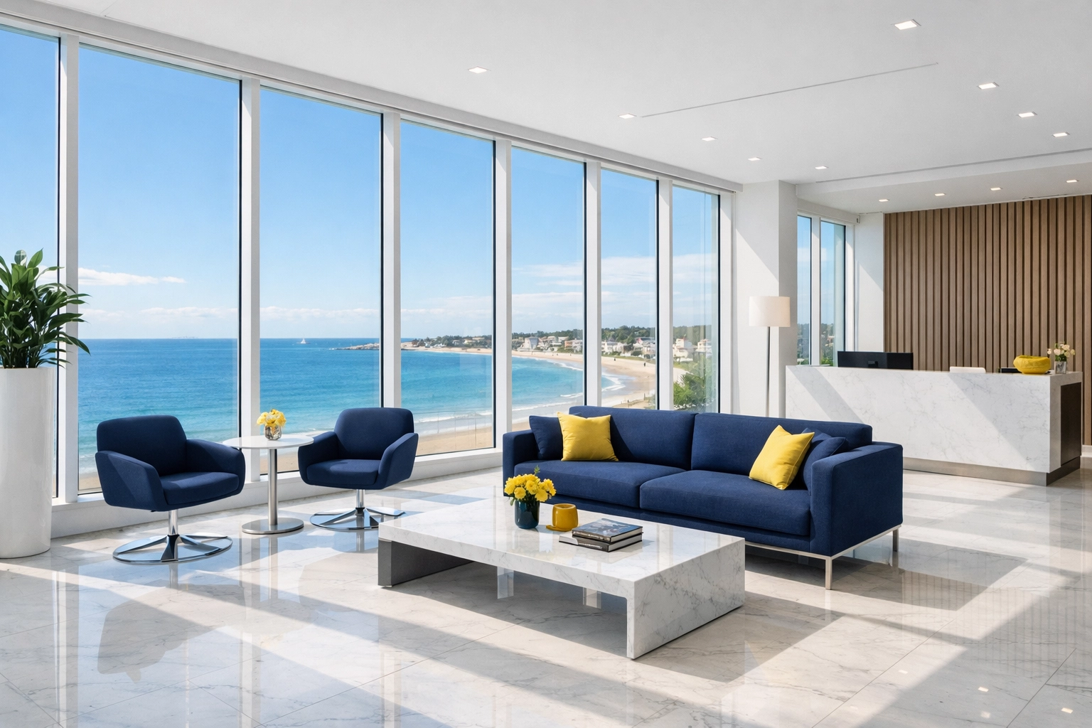 Impeccably clean modern office lobby in Winthrop MA showing the results of professional commercial cleaning.