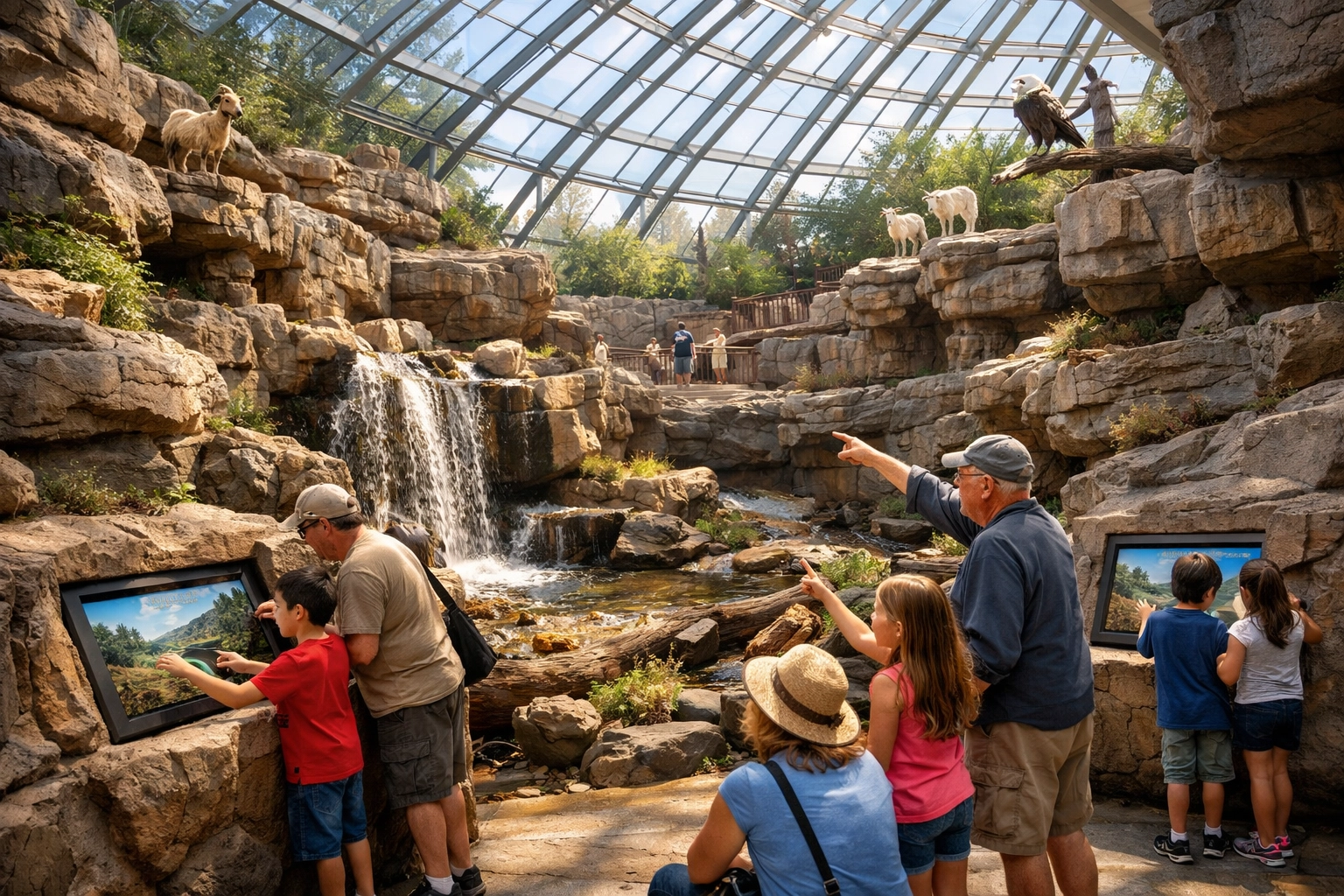 Immersive zoo exhibit with interactive displays engaging visitors in natural habitat setting