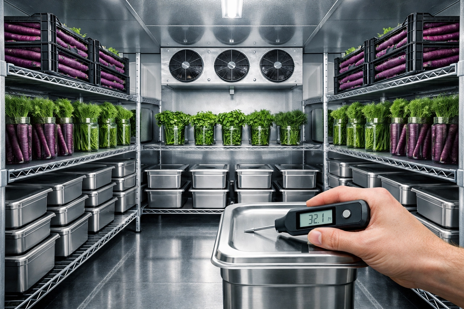 Organized walk-in refrigerator showing precise inventory control and digital food management systems.