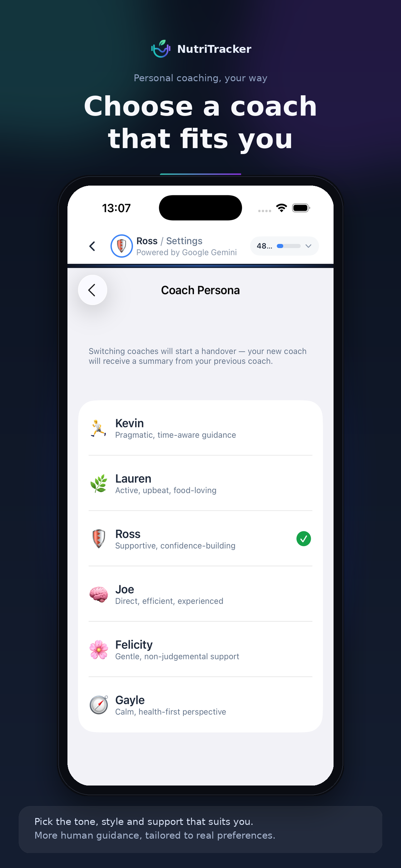 NutriTracker's in-app coach persona selection screen, displaying six AI coach options, Kevin, Lauren, Ross, Joe, Felicity, and Gayle, each with unique support styles and guidance approaches.