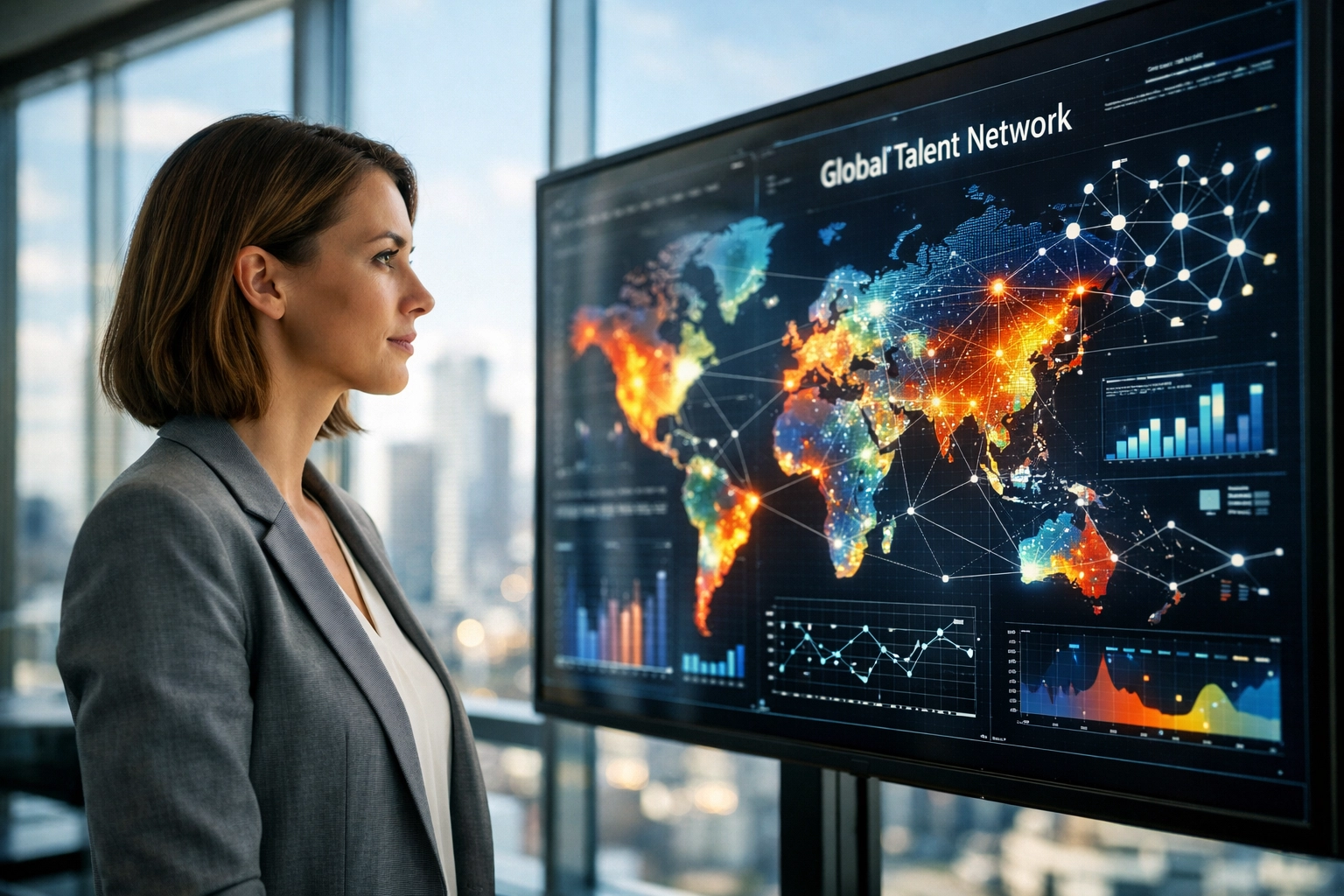 Female executive reviewing workforce analytics dashboard for strategic talent pipeline planning.