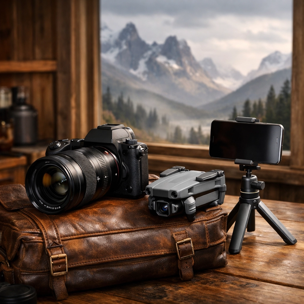 The Proven Photography Travel Guide Framework: Rank #1 for “Best Photography Locations” City by City 3 Professional camera kit and travel drone used as essential photography gear for authentic content.