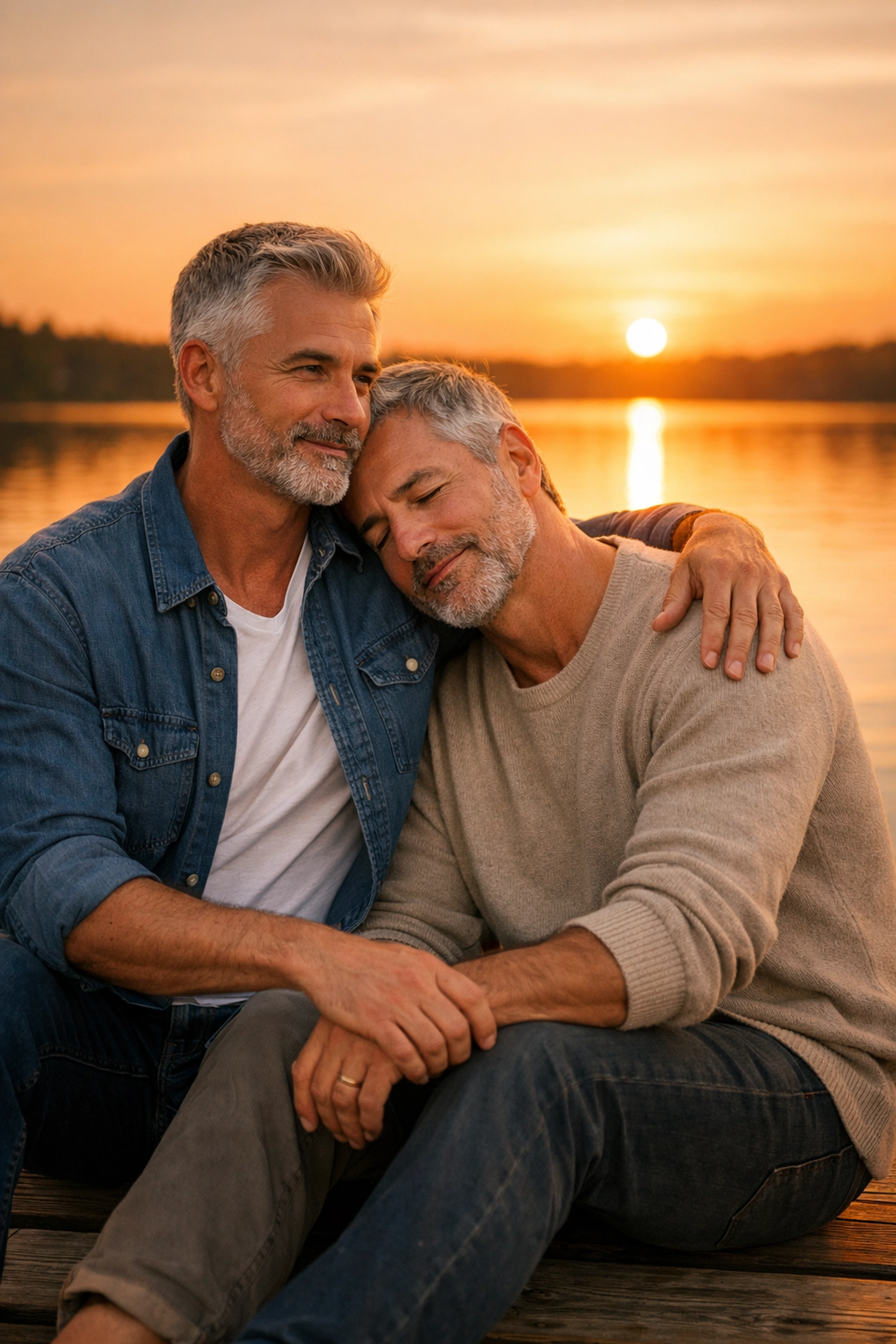 Two older men embracing on a pier during sunset, illustrating a late-in-life bisexual awakening.