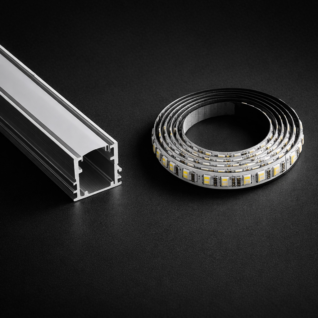 Premium aluminum LED channel cross-section with high-density LED tape for furniture lighting.