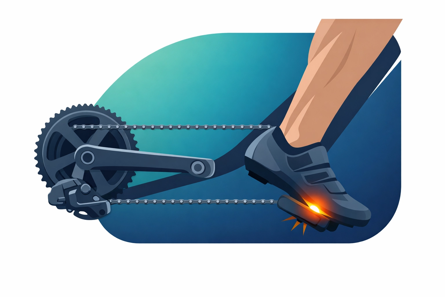 A cyclist's leg applying high torque to a bike pedal, illustrating low-cadence VO2 max interval training.