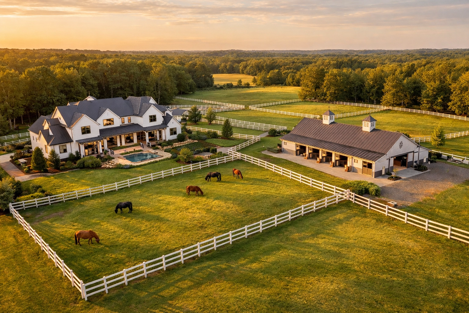 Aerial view of luxury equestrian estate in Marvin NC with custom barn and horse pastures