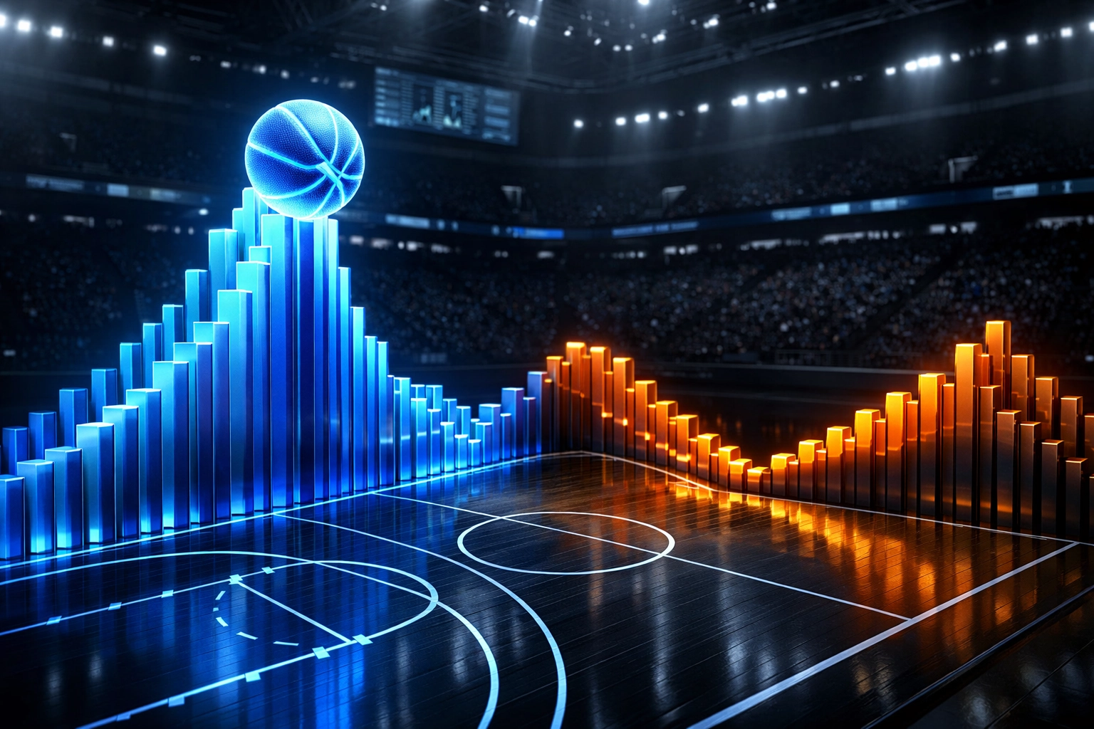 NBA betting trends visualization showing overvalued and undervalued team market cycles on a basketball court.