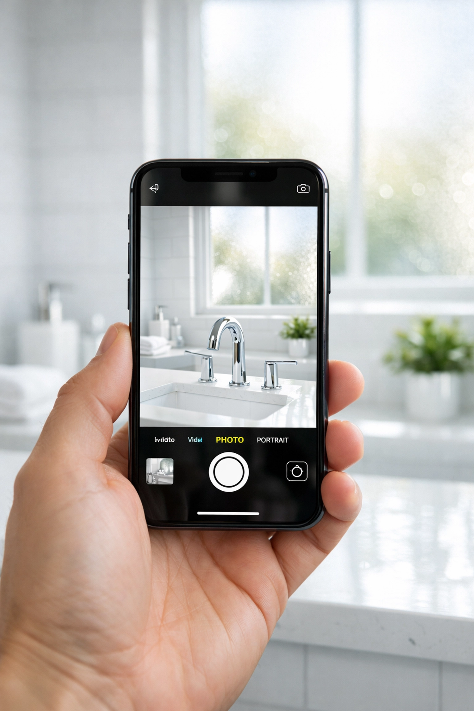 Property manager documenting clean bathroom with smartphone photo verification