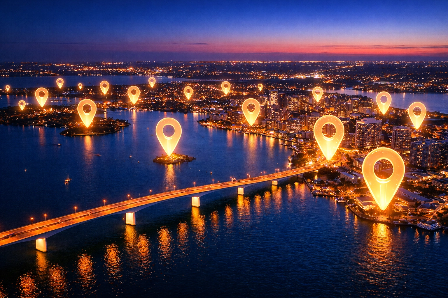 Map markers over Sarasota skyline illustrating local search visibility in Sarasota neighborhoods.