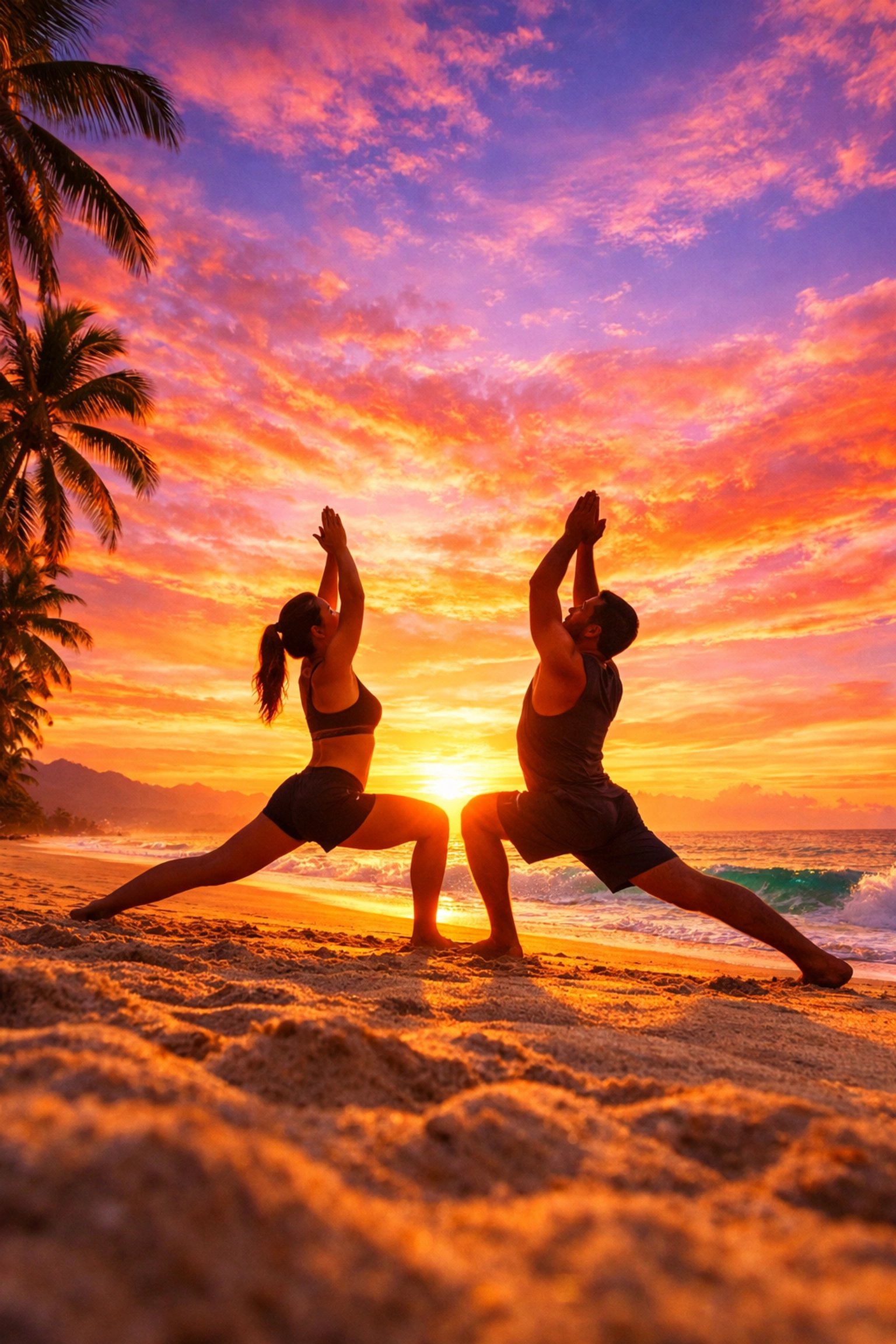 Couple practicing sunrise yoga on Puerto Vallarta beach with ocean views