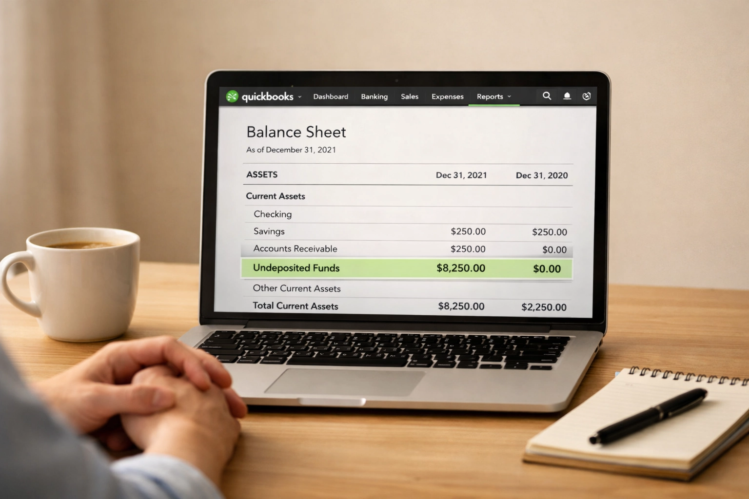 QuickBooks Online balance sheet showing large Undeposited Funds account needing cleanup