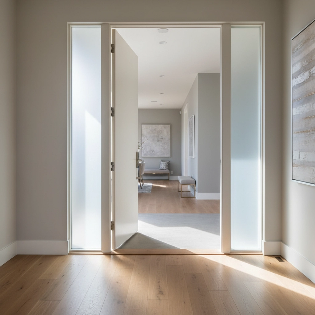 Open door leads to a modern room with light wood floors, gray walls, and minimalist decor. Sunlight casts soft shadows creating a serene mood.