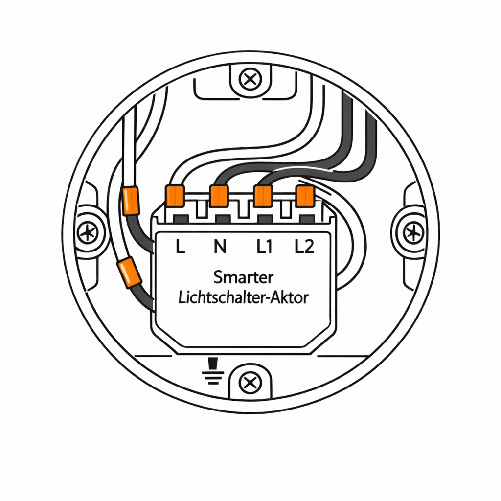 Fachgerechte Verkabelung eines Smart Home Unterputz-Aktors in einer Wanddose.