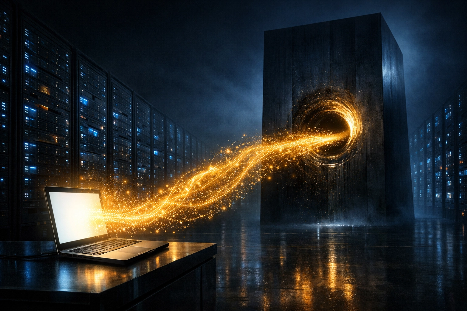 Voice data being transmitted from a laptop to remote cloud servers, highlighting privacy risks.