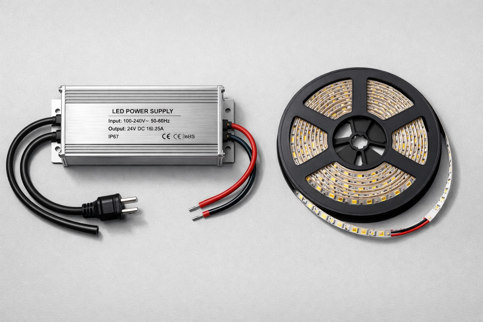 Professional LED power driver and tape light spool for large-scale architectural lighting projects.