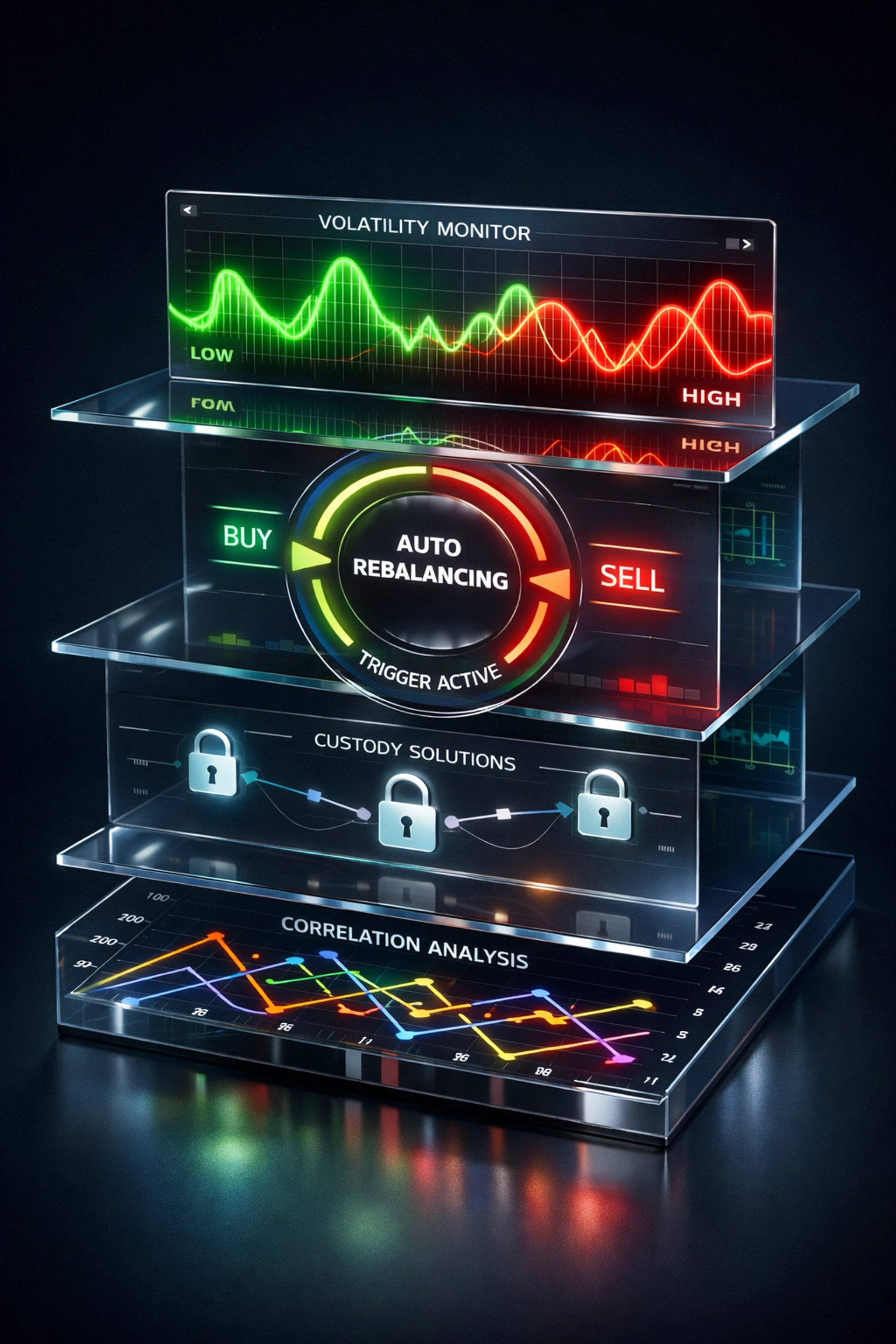 Portfolio risk management dashboard showing volatility metrics and rebalancing indicators for digital assets