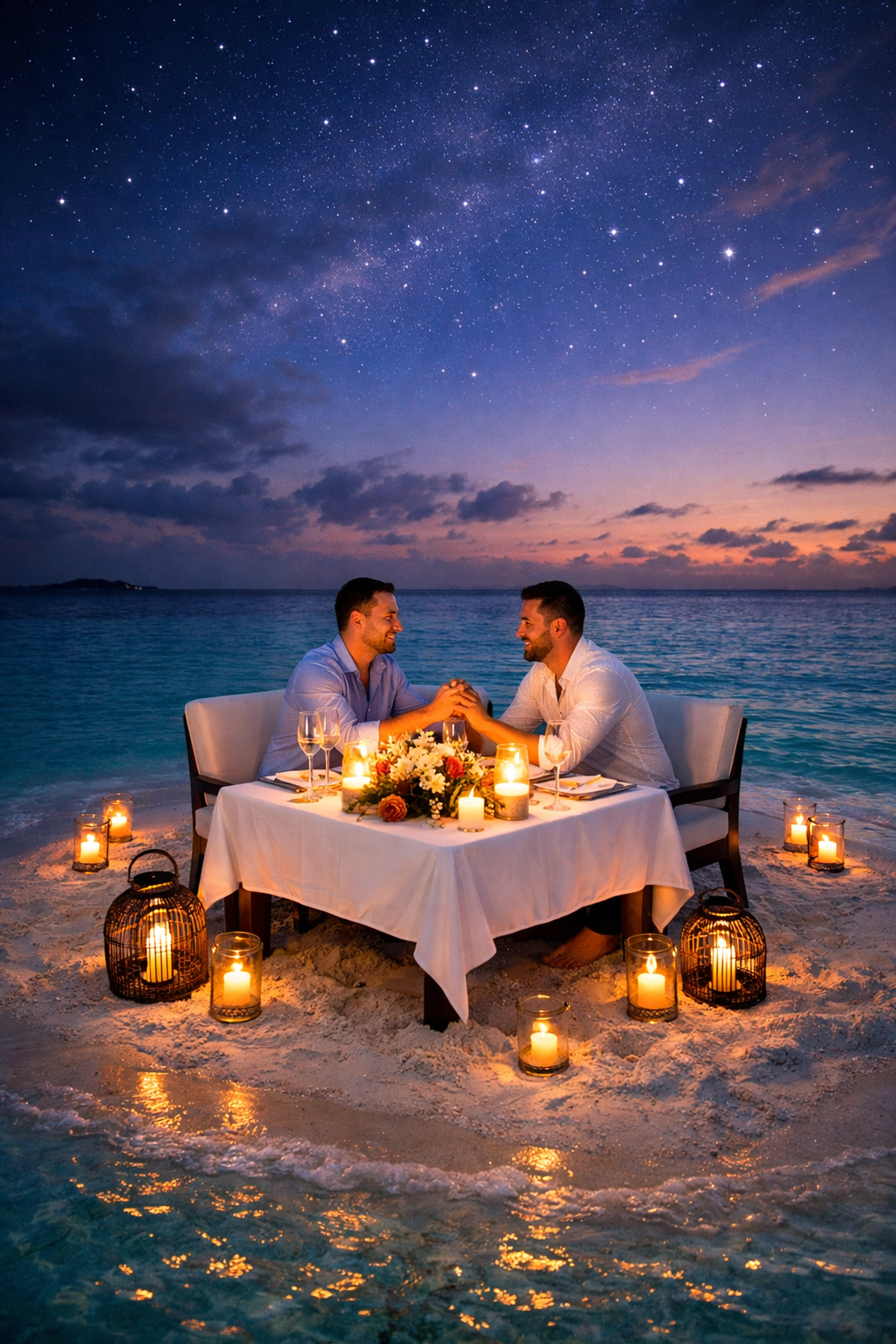 Gay couple enjoying private candlelit dinner on Maldives sandbank at dusk
