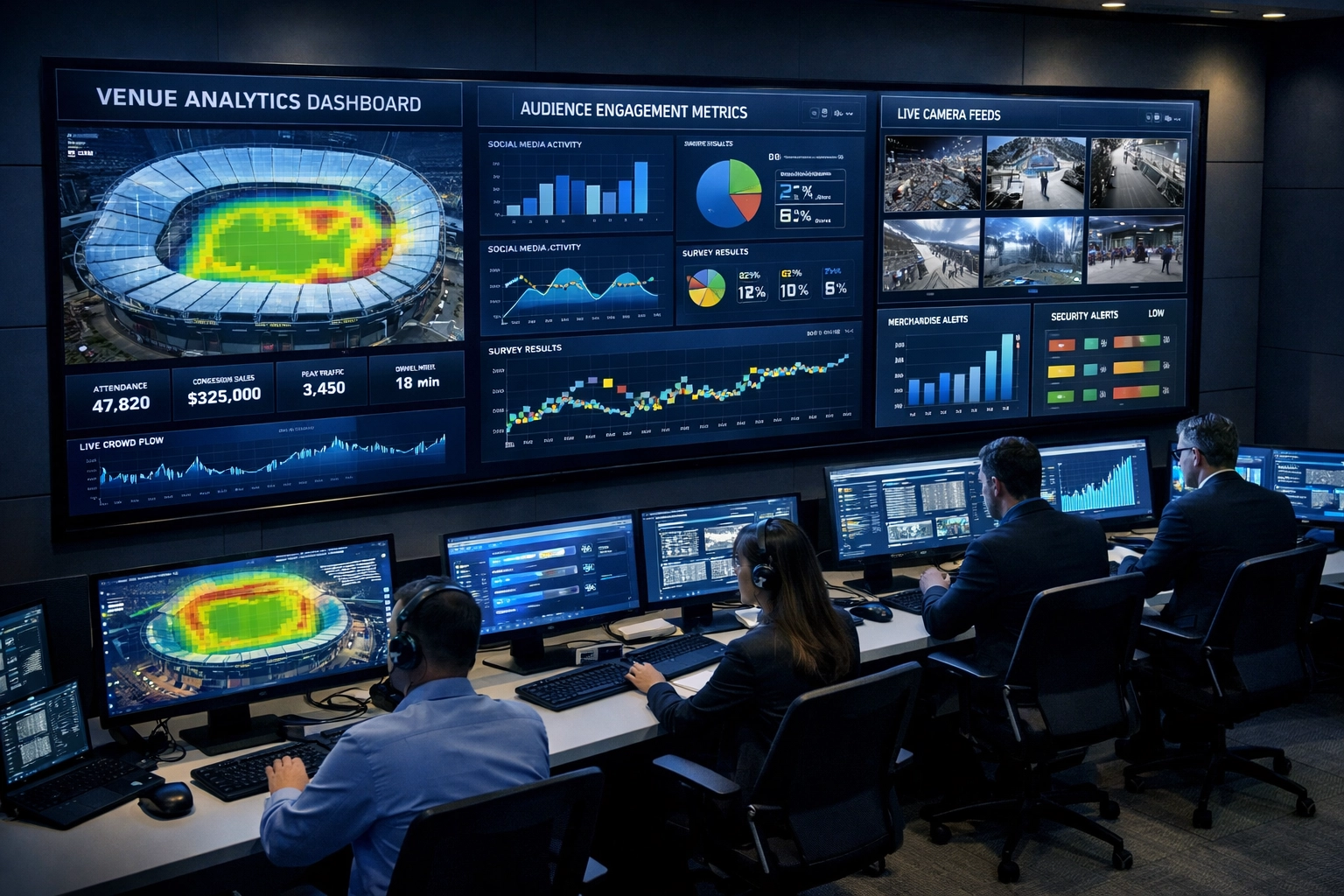 Real-time analytics dashboard monitoring sports venue advertising performance metrics