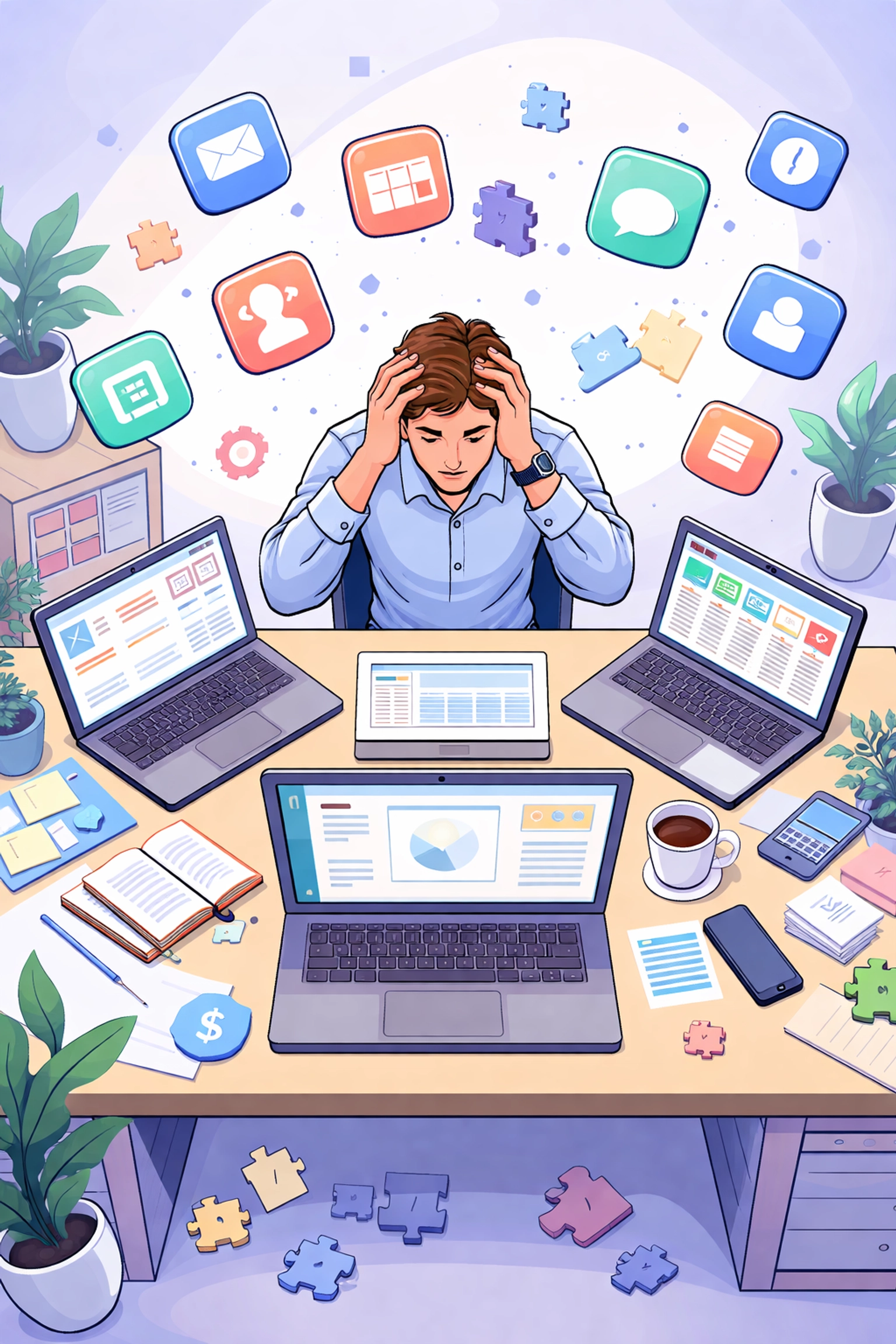 Overwhelmed business owner at desk surrounded by disconnected apps, illustrating tool sprawl challenges for SMBs.