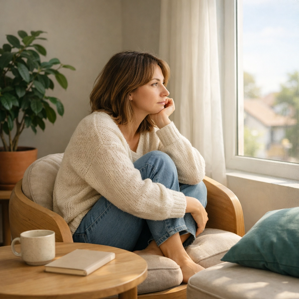A neurodivergent adult in a quiet room, illustrating the internal, daydreamy experience of inattentive ADHD.
