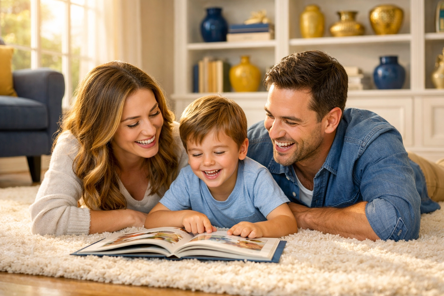 Happy family relaxing in a clutter-free home after professional house cleaning Worcester MA.