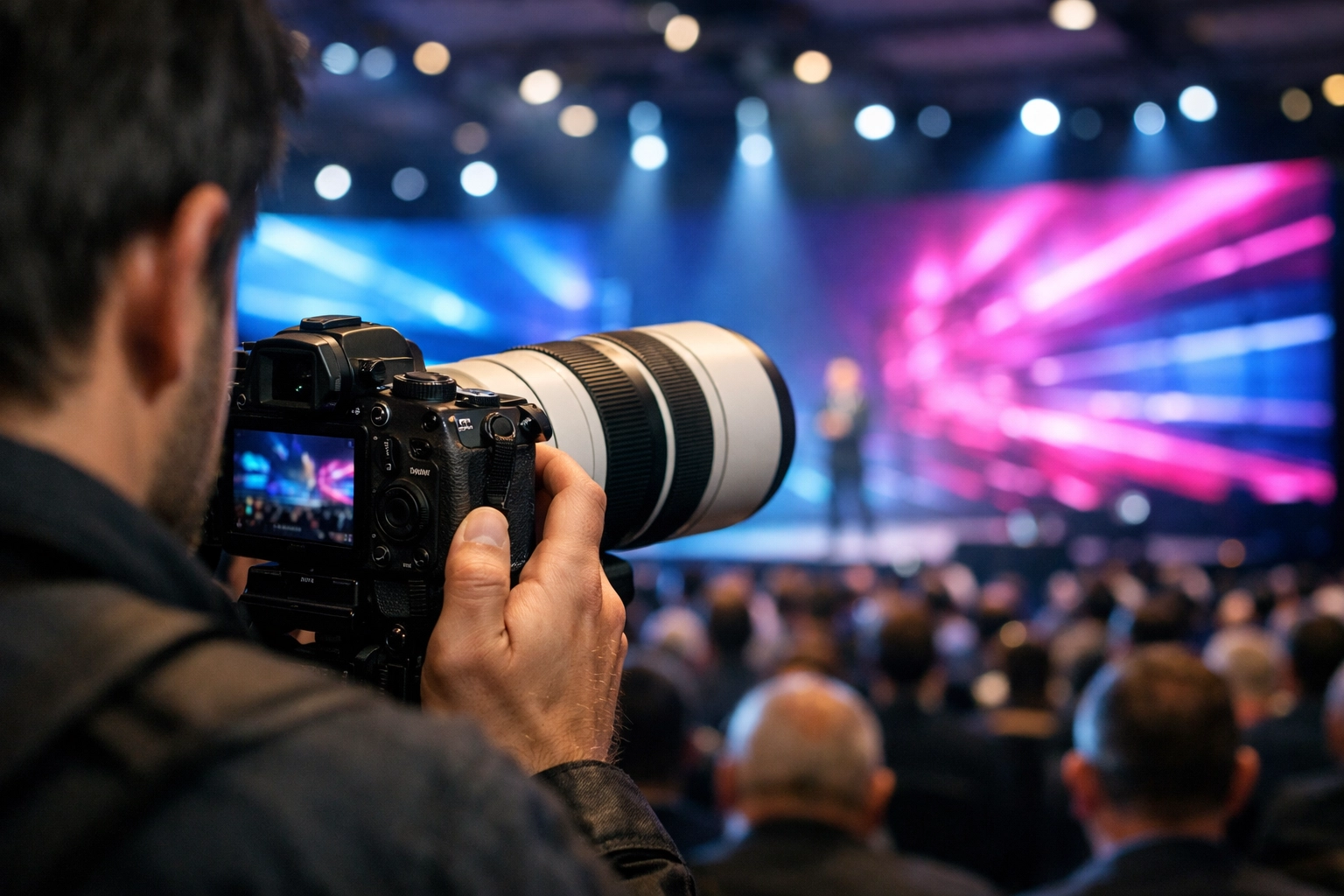 Professional conference photographer capturing a keynote speaker on a high-tech Las Vegas stage.