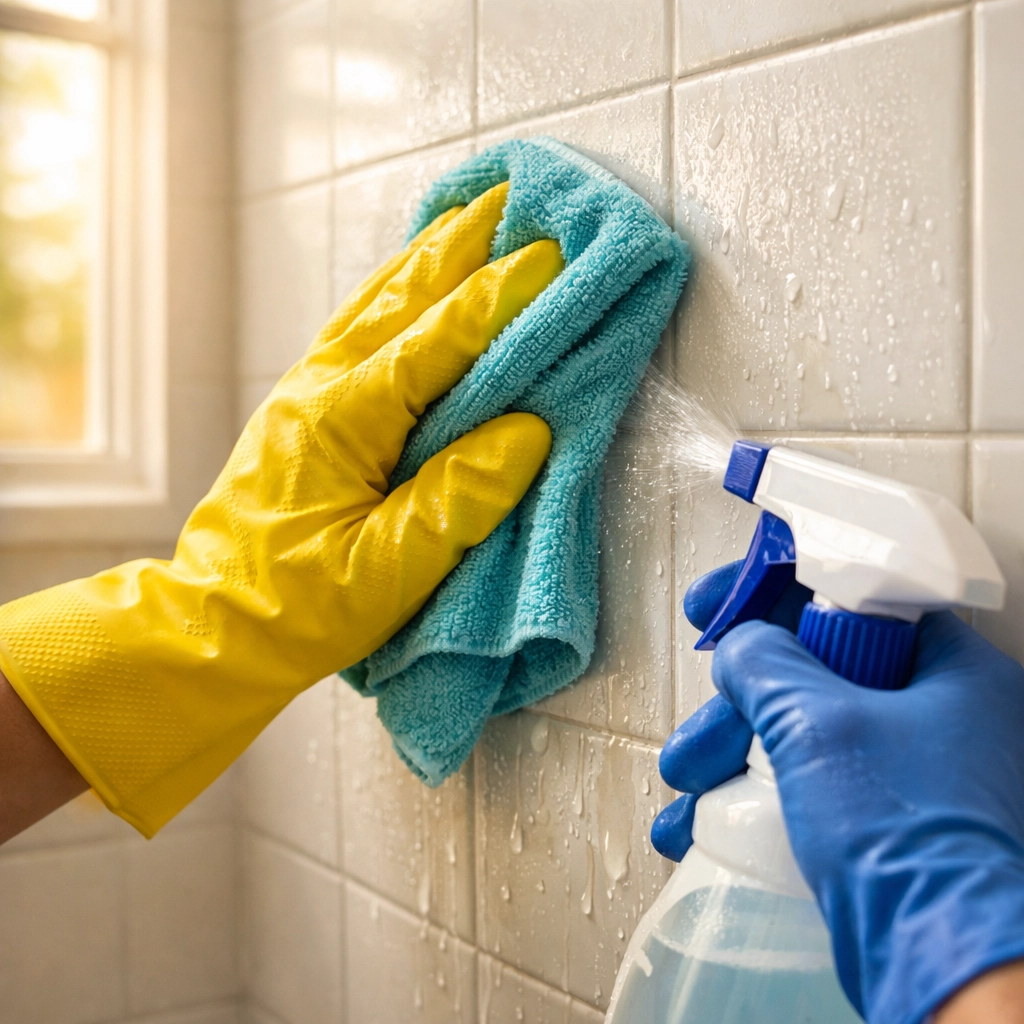 Cleaning bathroom wall tile with spray and cloth for no-drill grab bar installation