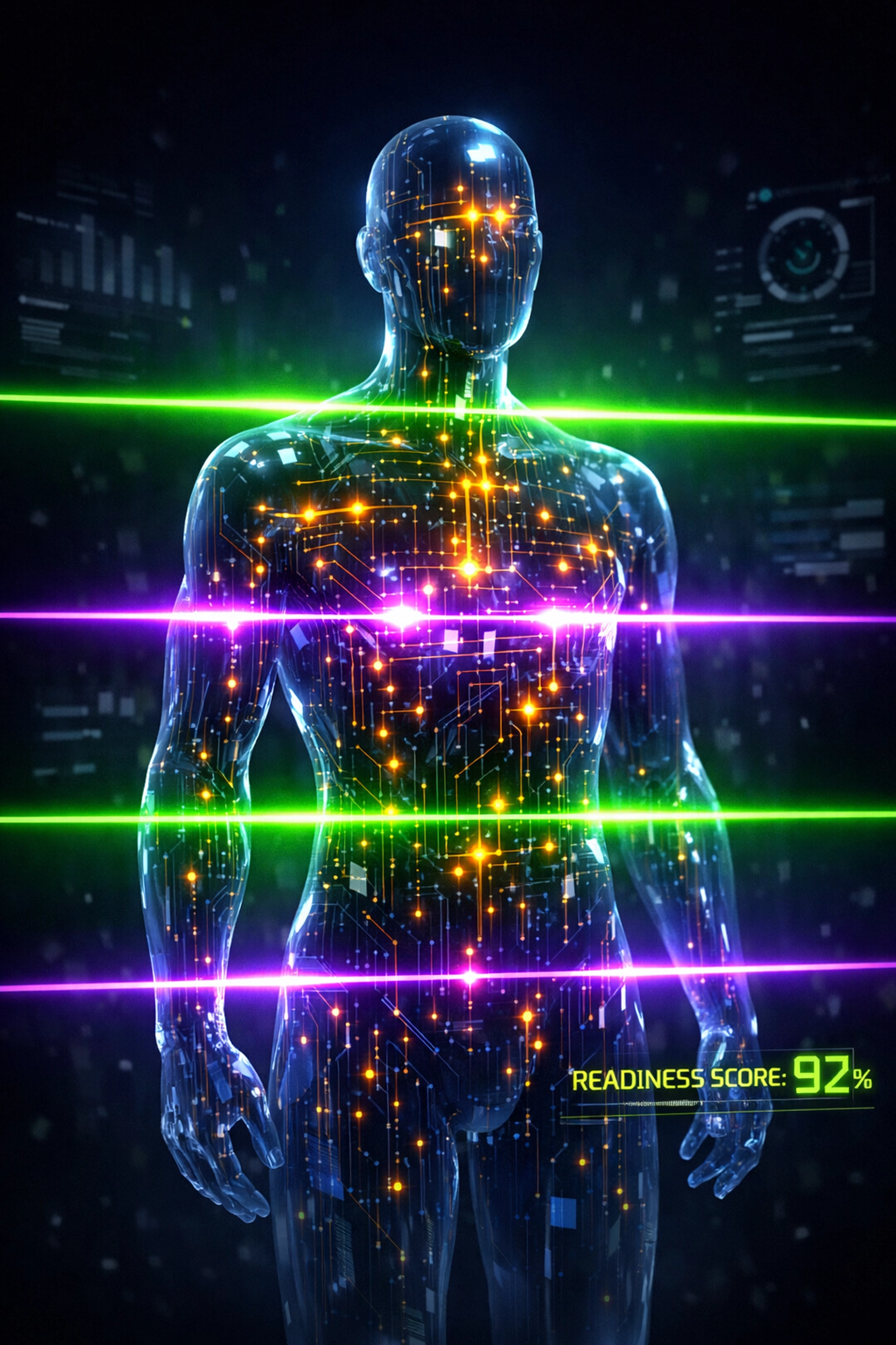 Futuristic AI assessment scanning a candidate to find real talent for automated workflows.